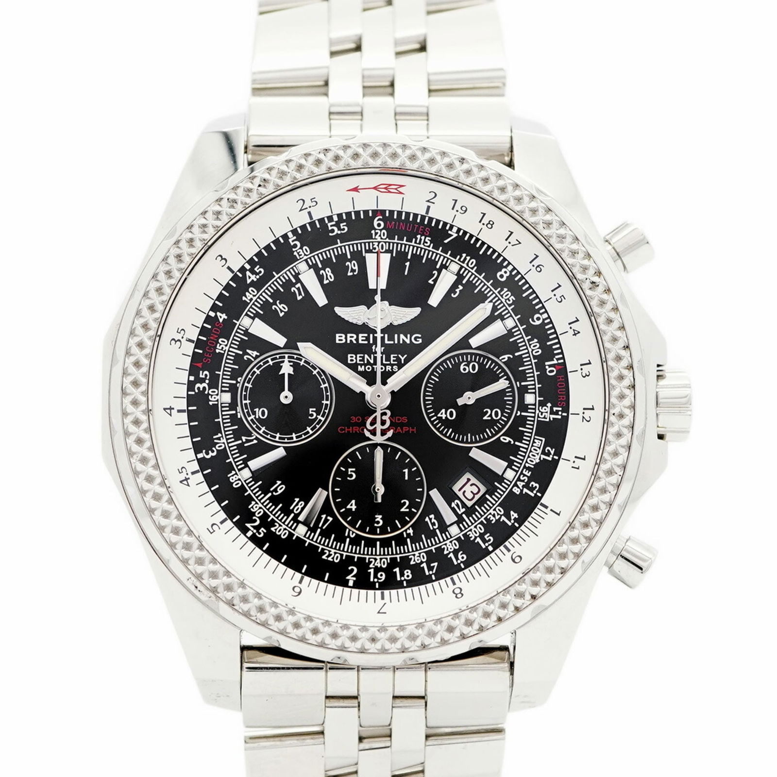 Breitling Bentley Motors A25362: Brand: Breitling Type: Wristwatch Gender: Men Material (Band): Stainless Steel Color (Dial): Black Case Diameter: 49.5mm / 1.95'' Wrist Size: 20.5cm / 8.07'' Condition: Used (good), Traces of usage, s