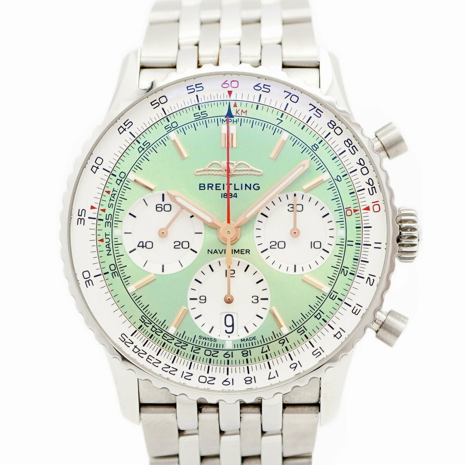 Breitling Navitimer Ab0139 Green Dial: Brand: Breitling Type: Wristwatch Gender: Men Material (Band): Stainless Steel Color (Dial): Green Case Diameter: 41mm / 1.61'' Wrist Size: 14.5cm / 5.7'' Condition: Used (very good), A few traces of