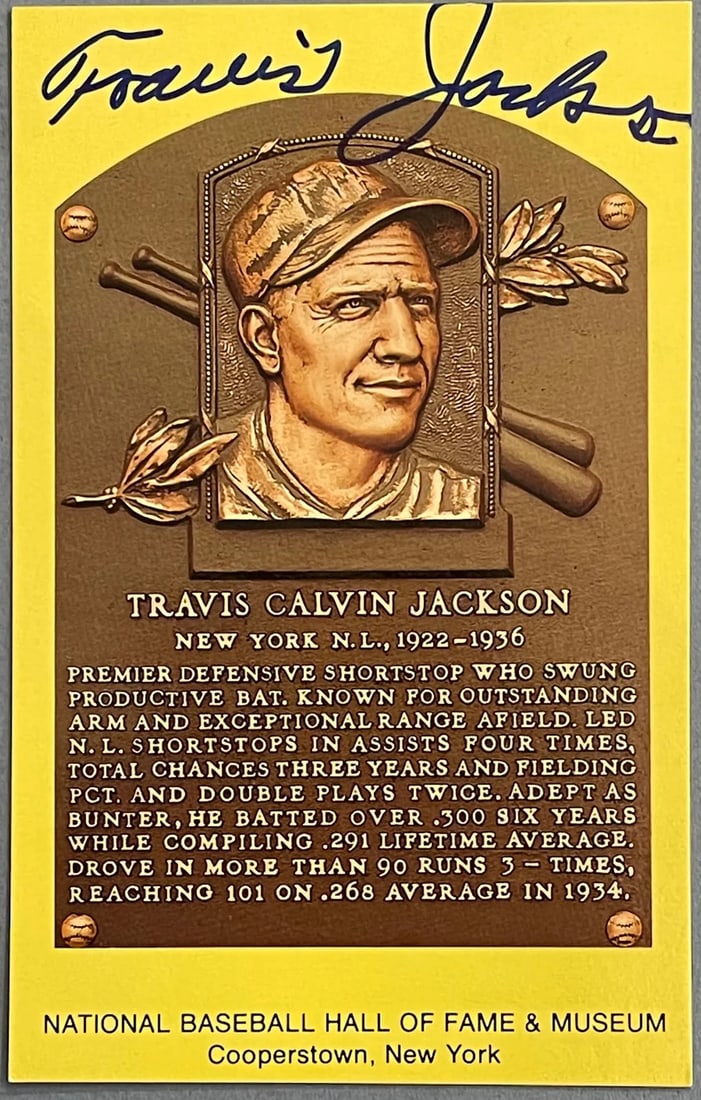 Travis Jackson Autographed Baseball Hall Of Fame Plaque Postcard: Travis Jackson Autographed Baseball Hall of Fame Plaque Postcard Signed in blue sharpie across the front if the hall of the plaue Product Disclaimer: Not affiliated with any team or league. Signatures