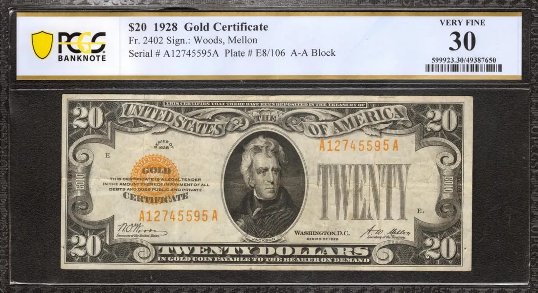 1928 $20 Gold Certificate Fr.2402 Woods Mellon A-A Block Pcgs 30 Very Fine (595A (1 of 2)