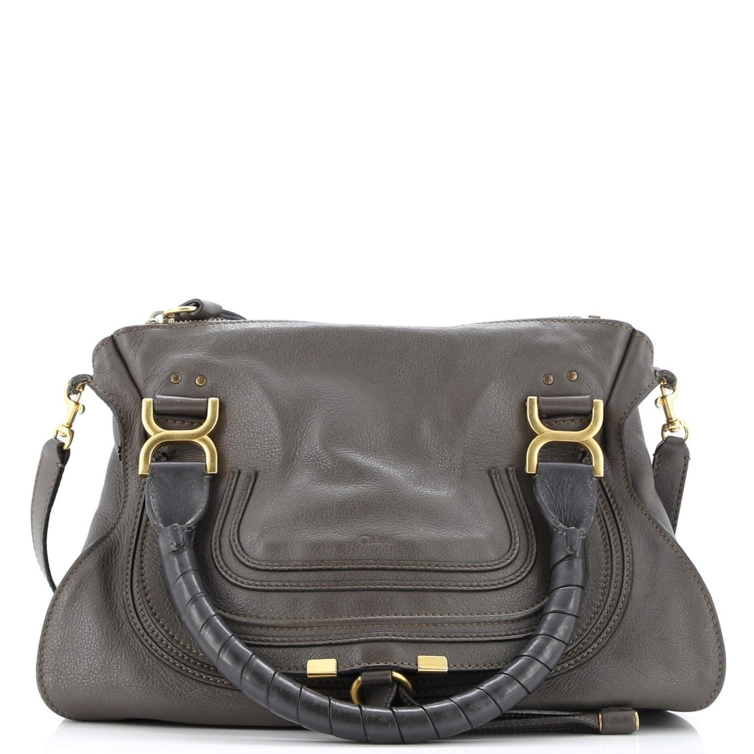 Chloe Marcie Satchel Leather Medium: Brand: Chloe Exterior Material: Leather Style: Satchels Exterior Color: Brown Size: Medium Accessories: With Strap Measurements: Handle Drop 6", Height 11", Width 14", Depth 5", Strap Drop 18.5" Model