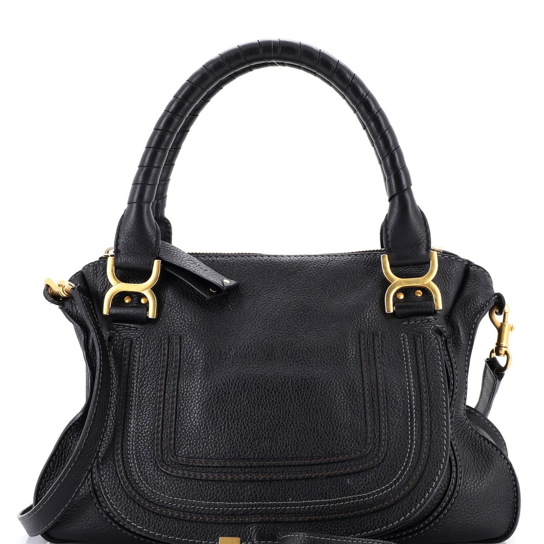 Chloe Marcie Satchel Leather Medium: Brand: Chloe Exterior Material: Leather Style: Satchels Exterior Color: Black Size: Medium Accessories: With Strap Measurements: Handle Drop 6", Height 11", Width 15", Depth 5", Strap Drop 18.5" Model