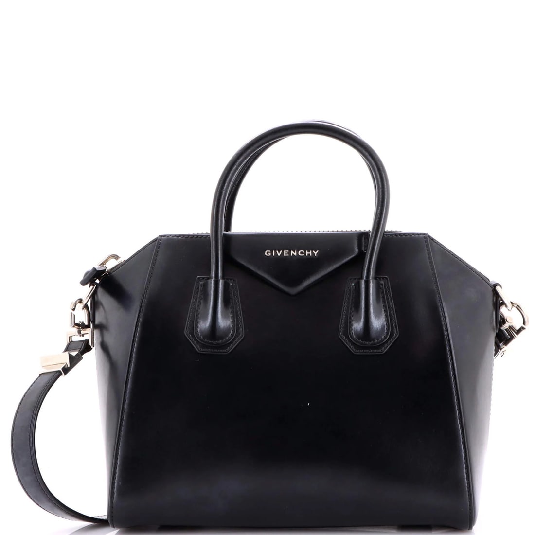 Givenchy Antigona Bag Glazed Leather Small: Brand: Givenchy Exterior Material: Leather Style: Satchels Exterior Color: Black Size: Small Measurements: Handle Drop 4", Height 9", Width 12", Depth 6", Strap Drop 8" Model: Antigona Bag Glazed Leat