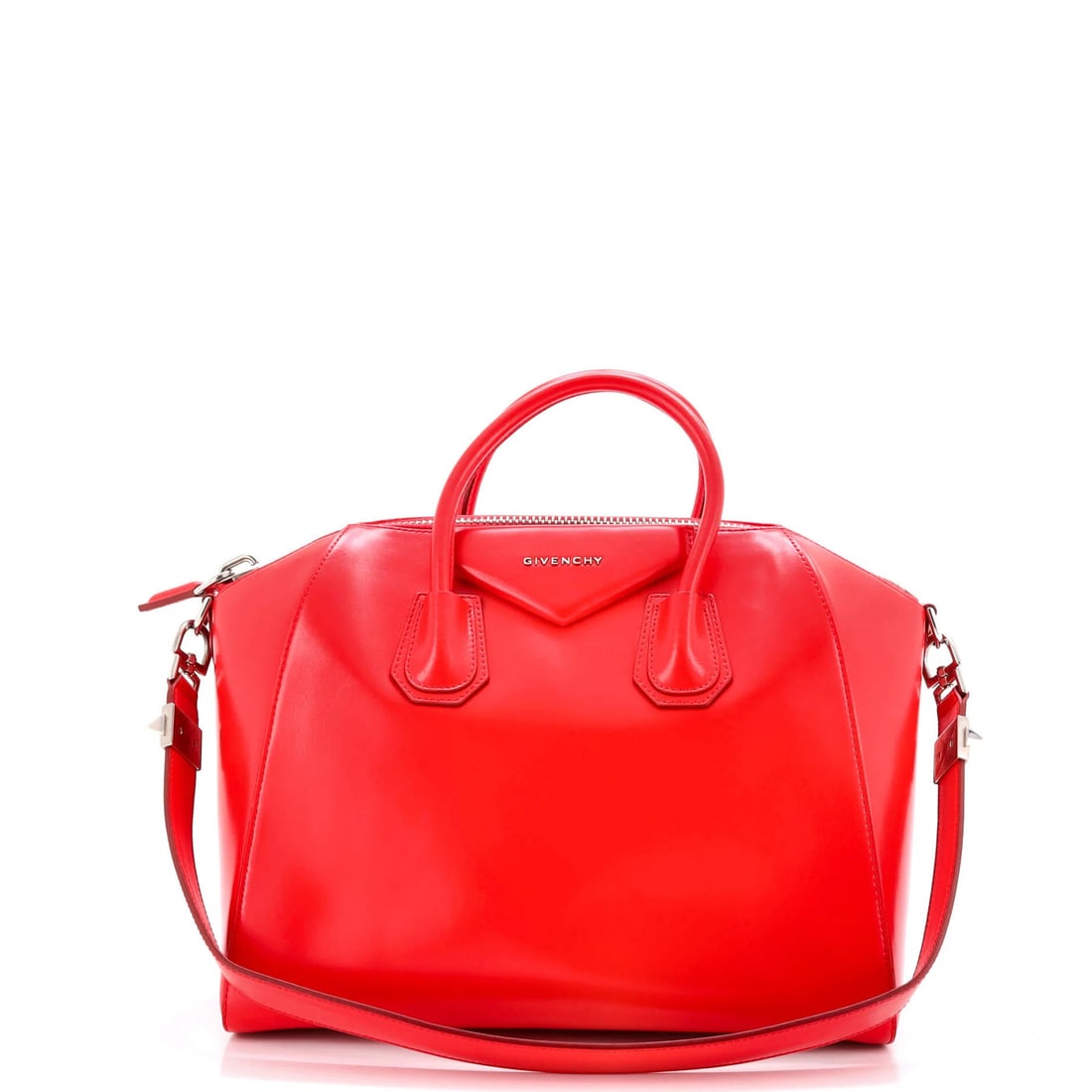 Givenchy Antigona Bag Glazed Leather Medium: Brand: Givenchy Exterior Material: Leather Style: Satchels Exterior Color: Red Size: Medium Measurements: Handle Drop 3.5", Height 11", Width 13", Depth 8", Strap Drop 11" Model: Antigona Bag Glazed L