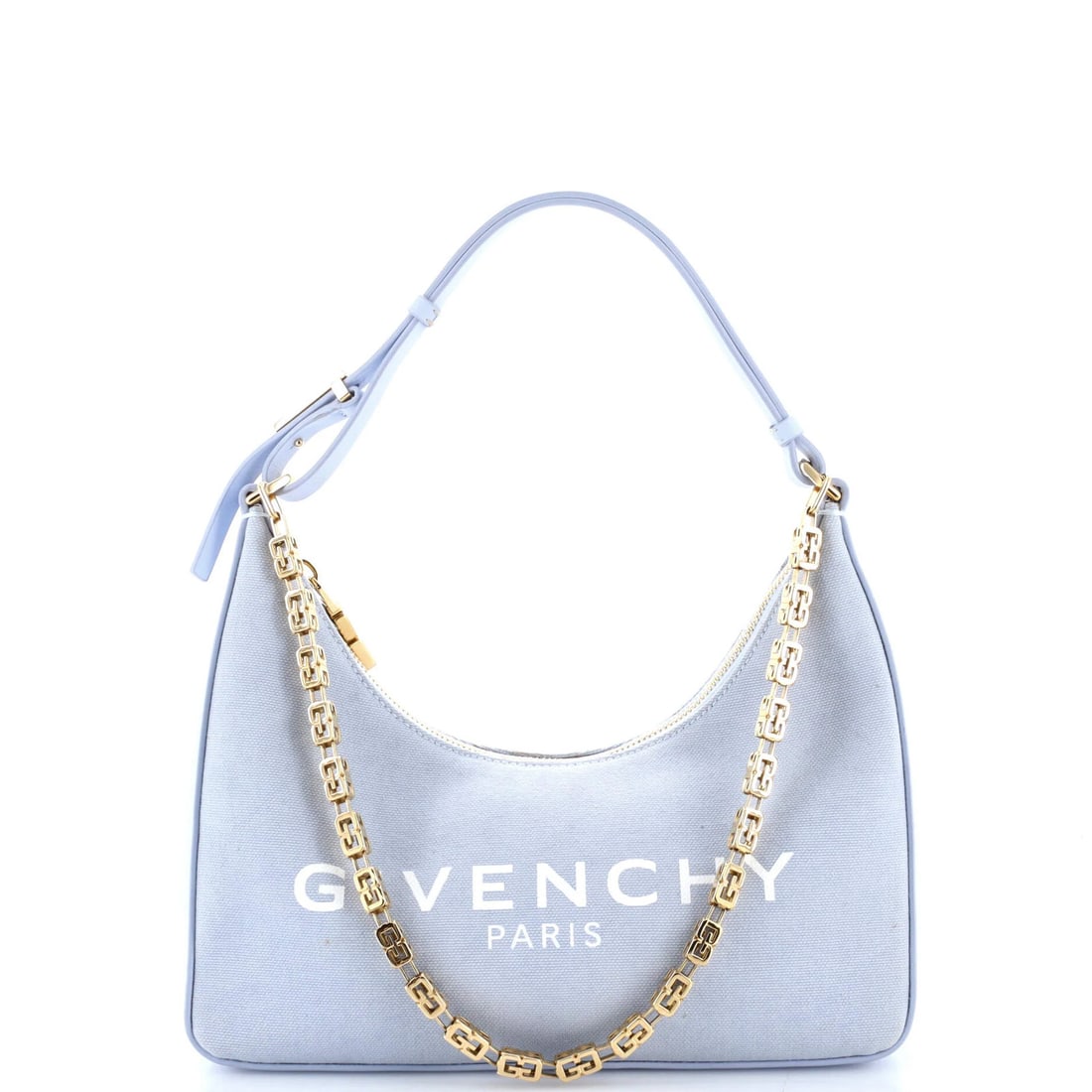 Givenchy Moon Cut Out Bag 4G Coated Canvas Small: Brand: Givenchy Exterior Material: Canvas Coated Style: Hobos Exterior Color: Blue Size: Small Measurements: Height 6", Width 10.5", Depth 3" Model: Moon Cut Out Bag 4G Coated Canvas Small Exterior Ma