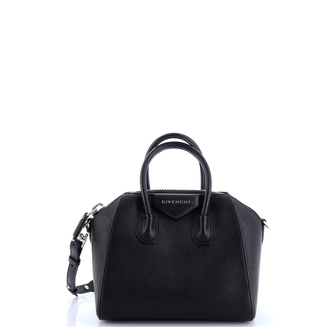 Givenchy Antigona Bag Leather Mini: Brand: Givenchy Exterior Material: Leather Style: Cross Body Bags Exterior Color: Black Size: Mini Accessories: With Strap Measurements: Handle Drop 3", Height 7.5", Width 8.5", Depth 5", Strap Drop 1