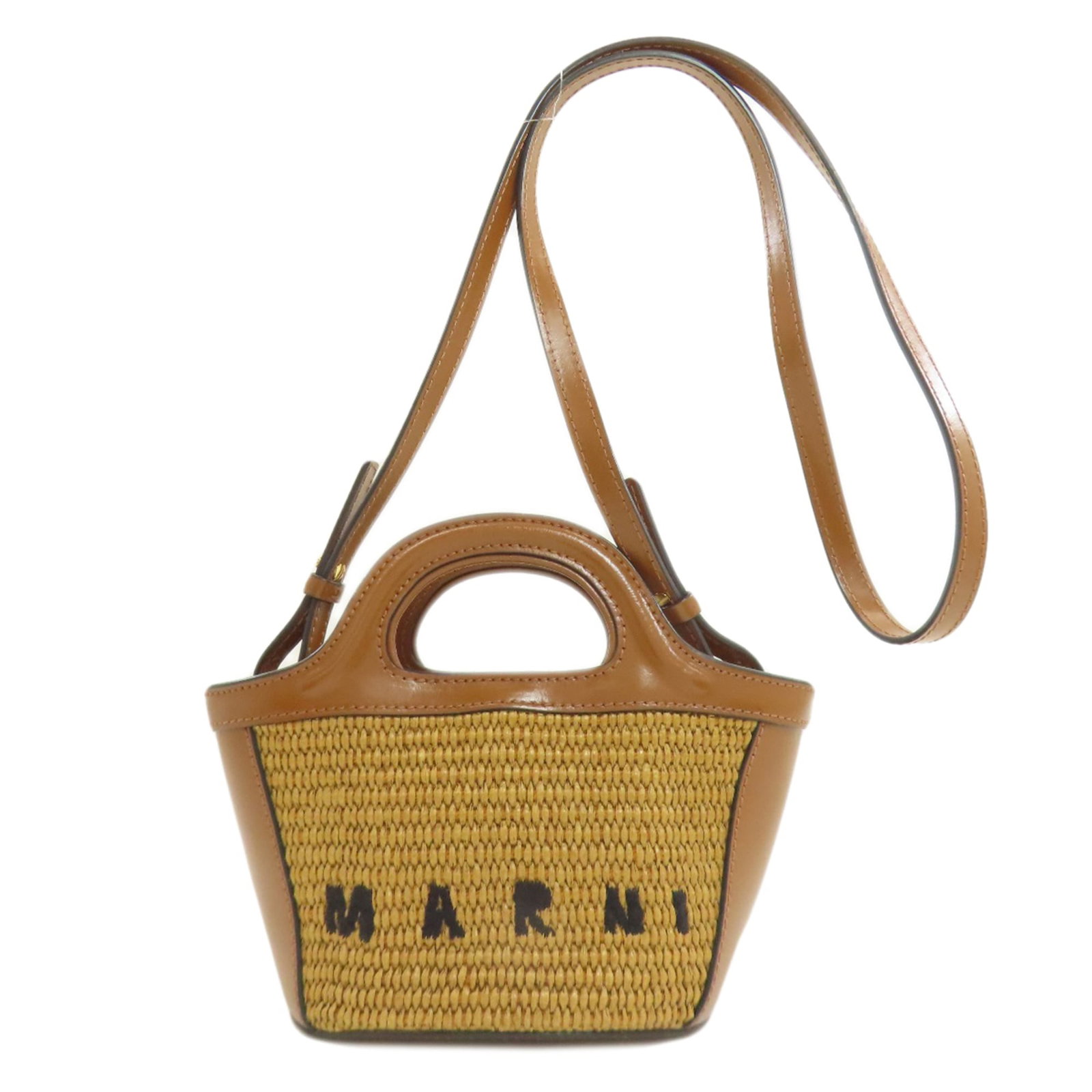 Marni Tropicalia Bucket 2-Way Shoulder Bag In Leather/Faux Raffia: Brand: Marni Type: Shoulder Bag Material: Leather Color: Brown Gender: Women Size (Hxwxd): 11cm x 23cm x 10cm / 4.33'' x 9.05'' x 3.93'' Condition: Used (good), Traces of usage, scratches / dirt can b