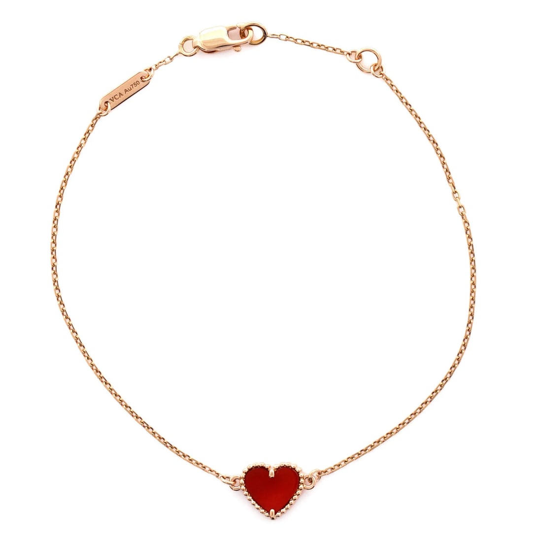 Van Cleef & Arpels Sweet Alhambra Heart Bracelet 18K Rose Gold With Carnelian: Brand: Van Cleef & Arpels Main Stone: Carnelian Metal: 18K Rose Gold Metal Purity: 18K Style: Bracelet Type: Bracelet Color: Rose Gold Material: 18K Rose Gold Carnelian Model: Sweet Alhambra Heart Bra