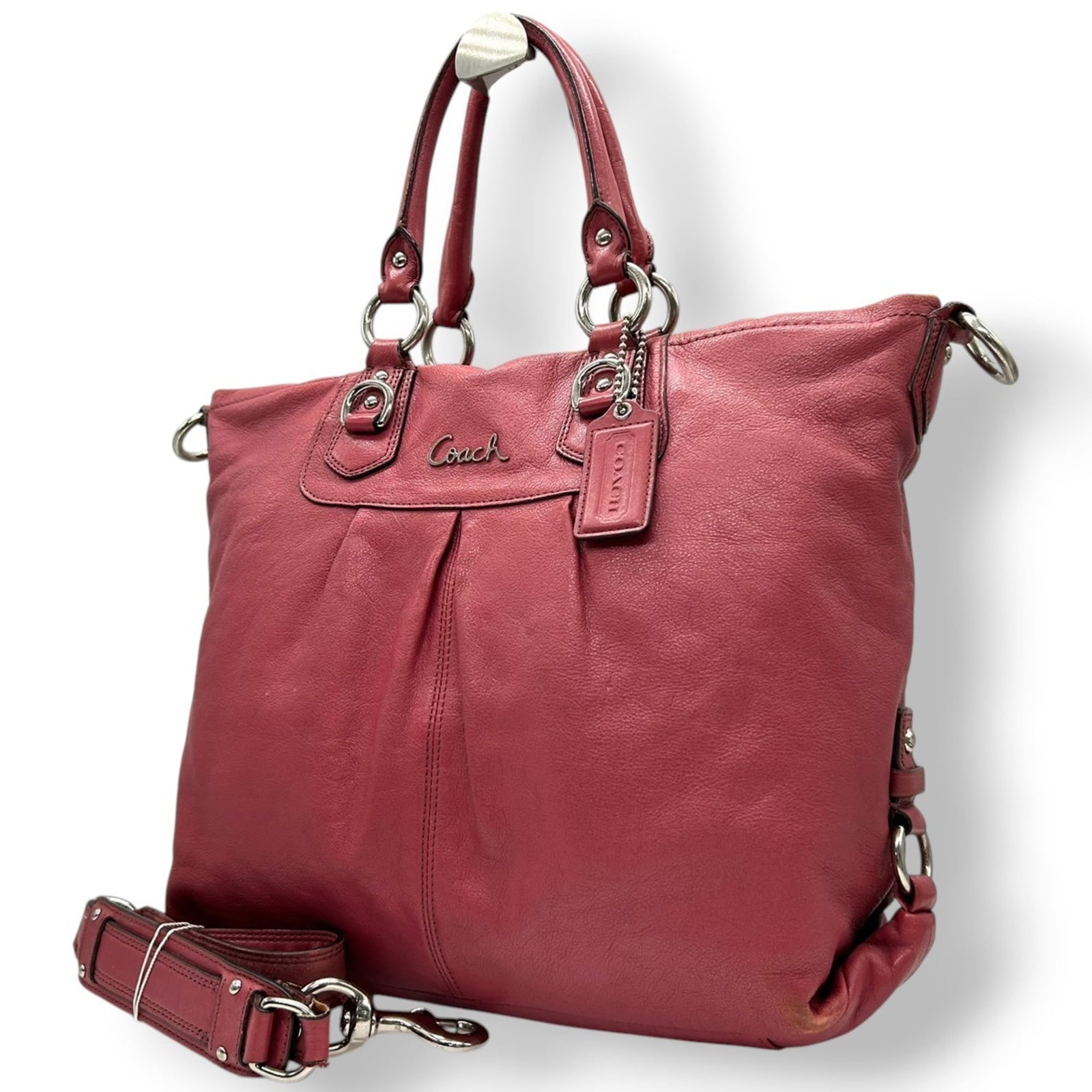 Coach Ashley F15444 2-Way Shoulder Bag/Tote Bag In Pink Rose Leather With Silver Hardware: Brand: Coach Type: Shoulder Bag, Tote Bag Material: Leather Color: Pink Gender: Women Size (Hxwxd): 28cm x 38cm x 10cm / 11.02'' x 14.96'' x 3.93'' Condition: Used (good), Traces of usage, scratches /