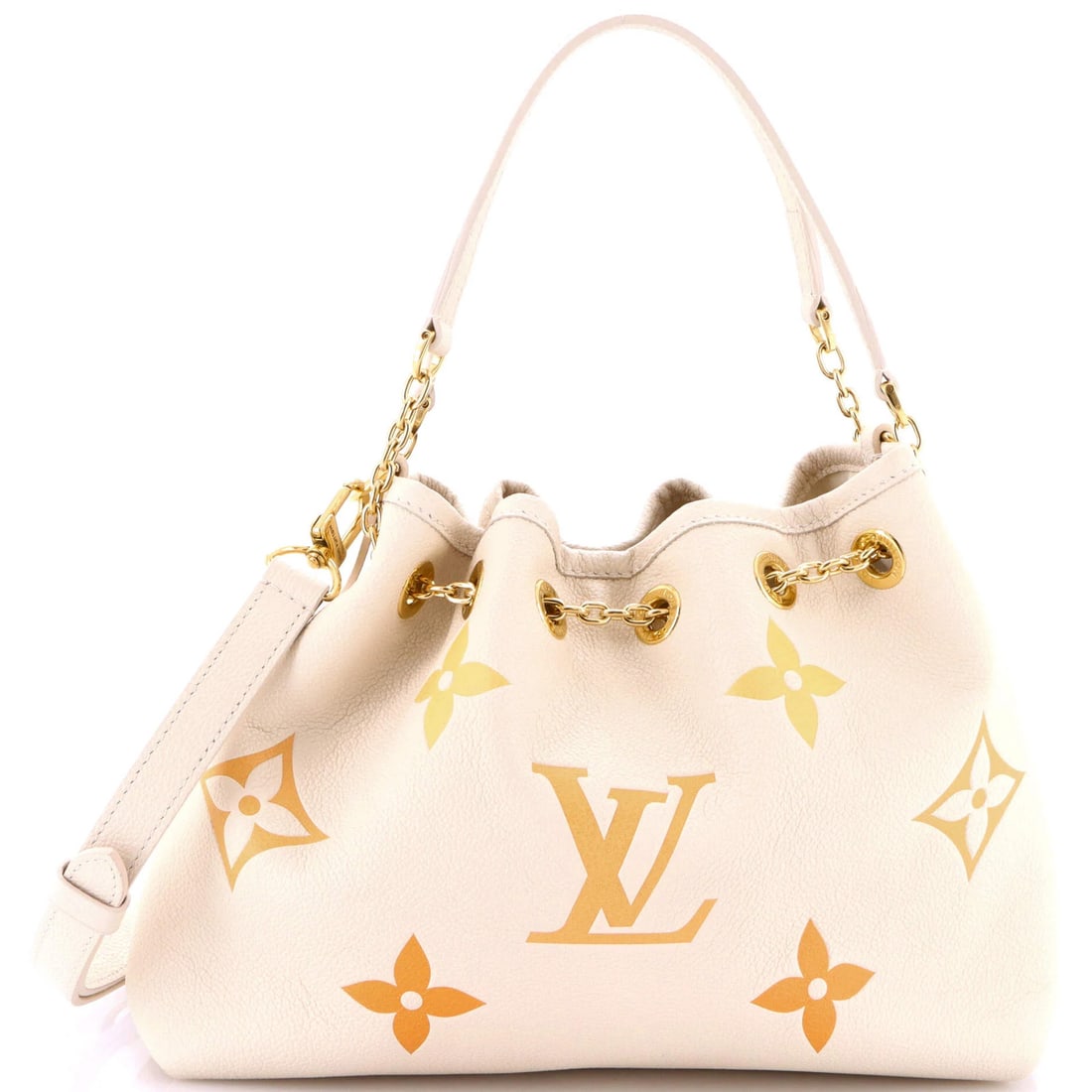Louis Vuitton Summer Bundle Bag By The Pool Monogram Empreinte Giant: Brand: Louis Vuitton Exterior Material: Leather Style: Hobos Exterior Color: Neutral Size: Unknown Measurements: Handle Drop 5", Height 8.5", Width 11", Depth 4.5", Strap Drop 18-22" Model: Summer Bun