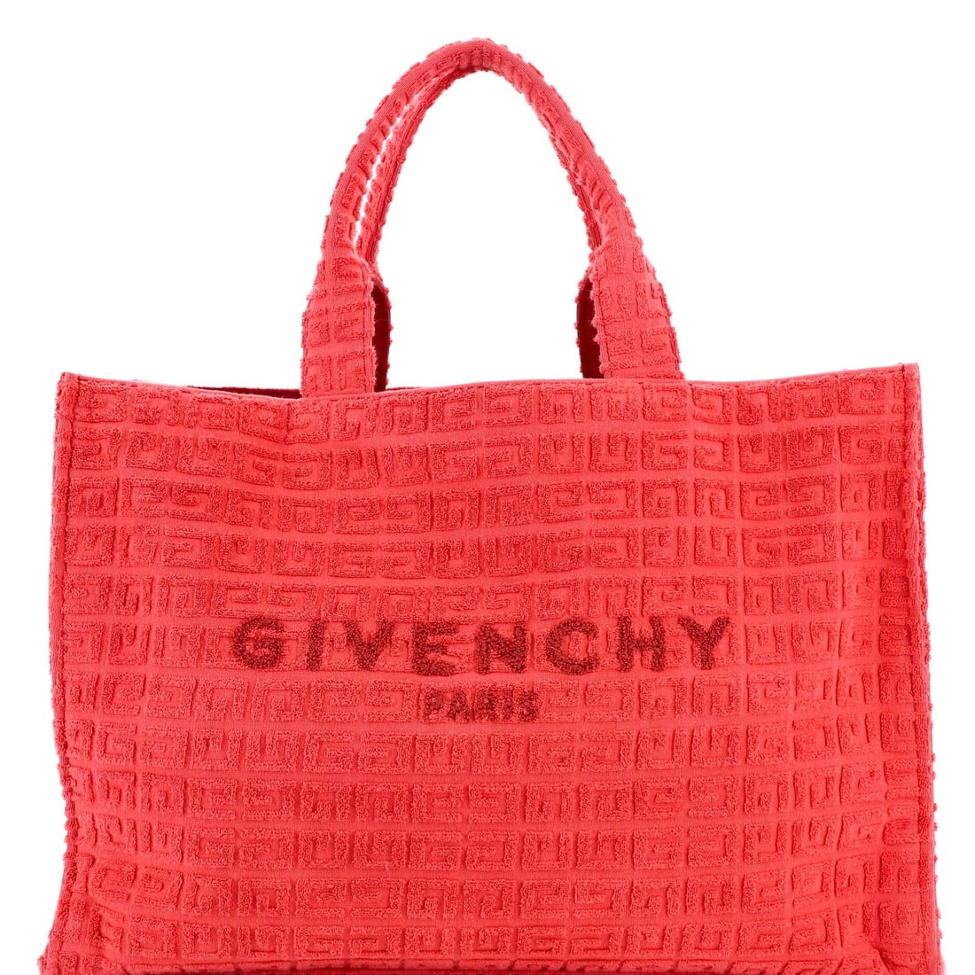 Givenchy G-Tote 4G Cotton Towelling Large: Brand: Givenchy Exterior Material: Fabric Style: Totes Exterior Color: Red Size: Large Measurements: Height 12.5", Width 18", Depth 6.5" Model: G-Tote 4G Cotton Towelling Large Exterior Material: Fabr