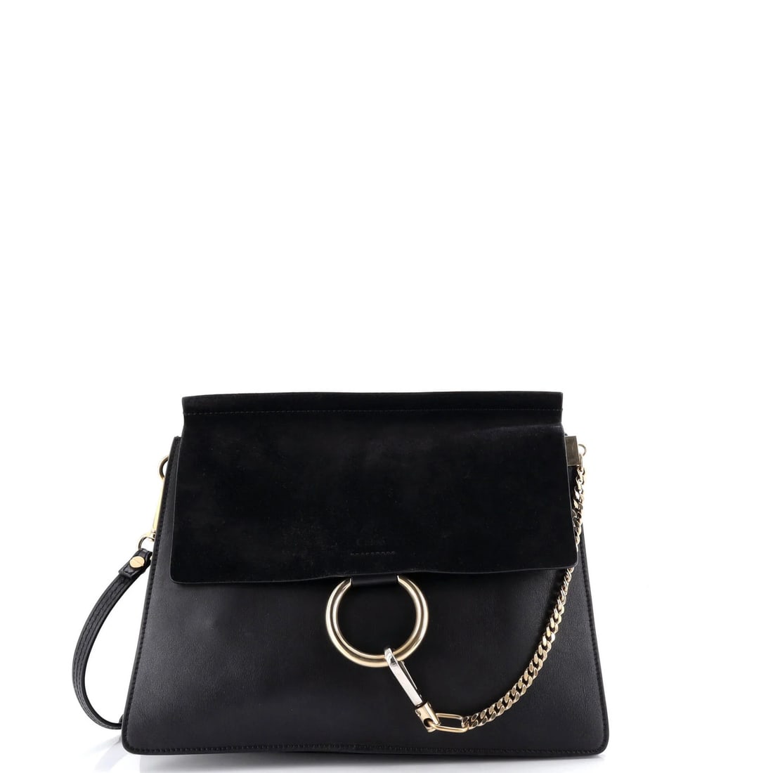 Chloe Faye Shoulder Bag Leather Medium: Brand: Chloe Exterior Material: Leather Style: Shoulder Bags Exterior Color: Black Size: Medium Accessories: With Strap Measurements: Handle Drop 17-20", Height 10", Width 12.5", Depth 2", Strap Drop