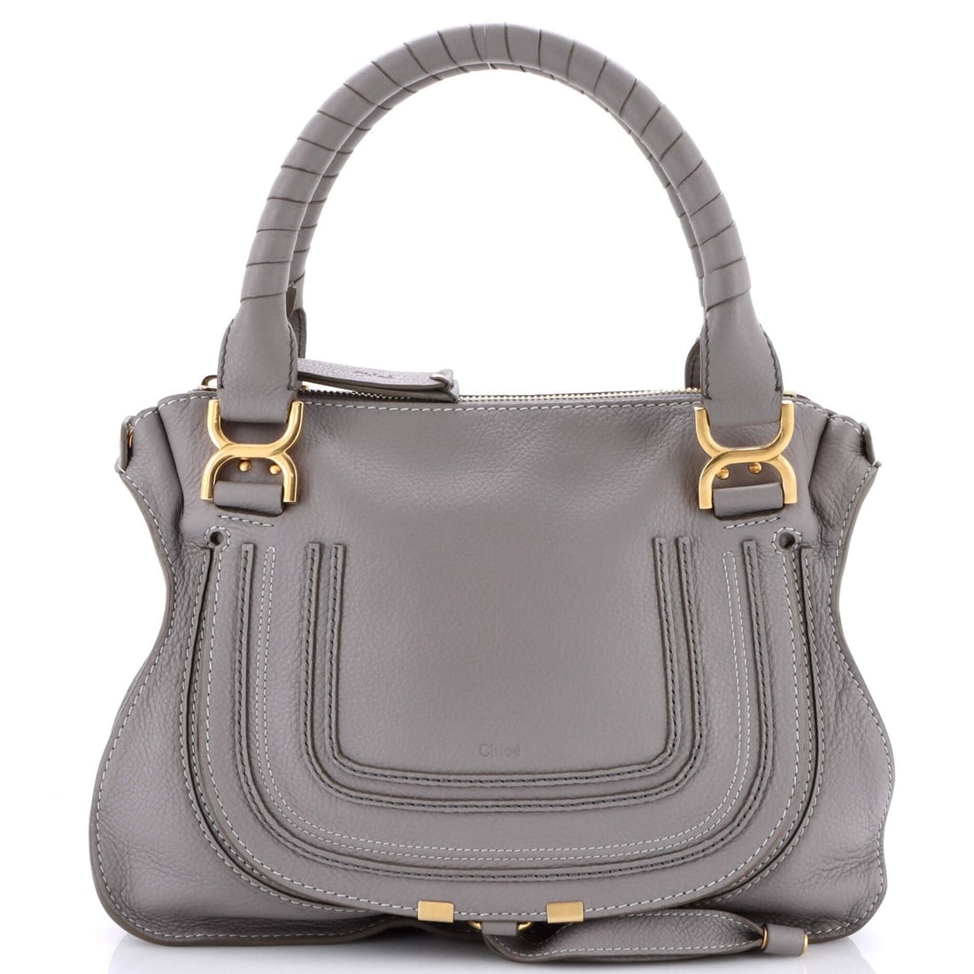 Chloe Marcie Satchel Leather Medium: Brand: Chloe Exterior Material: Leather Style: Satchels Exterior Color: Gray Size: Medium Measurements: Handle Drop 6", Height 11", Width 14", Depth 5", Strap Drop 18.5" Model: Marcie Satchel Leather