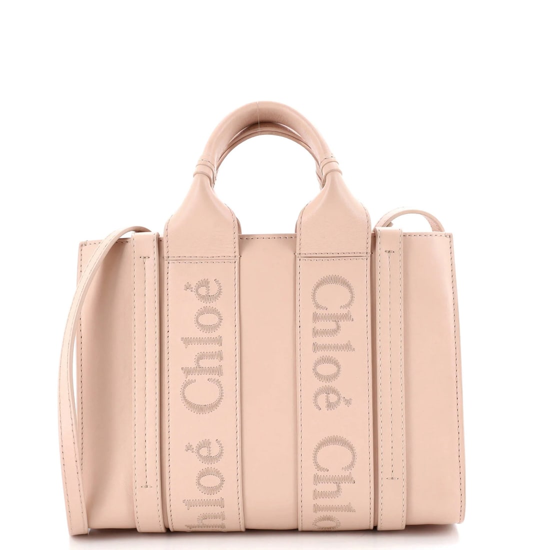 Chloe Woody Convertible Tote Leather Small: Brand: Chloe Exterior Material: Leather Style: Totes Exterior Color: Pink Size: Small Accessories: Detachable Strap With Strap Measurements: Handle Drop 3.5", Height 8", Width 10", Depth 3", Strap Dro