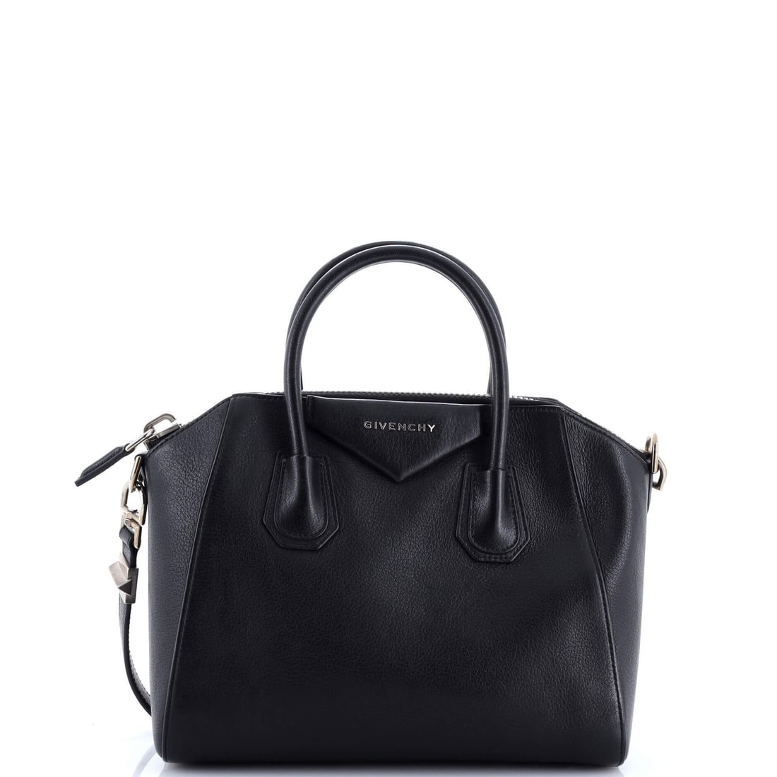 Givenchy Antigona Bag Leather Small: Brand: Givenchy Exterior Material: Leather Style: Satchels Exterior Color: Black Size: Small Measurements: Handle Drop 4", Height 9", Width 11", Depth 6.5", Strap Drop 9" Model: Antigona Bag Leather S
