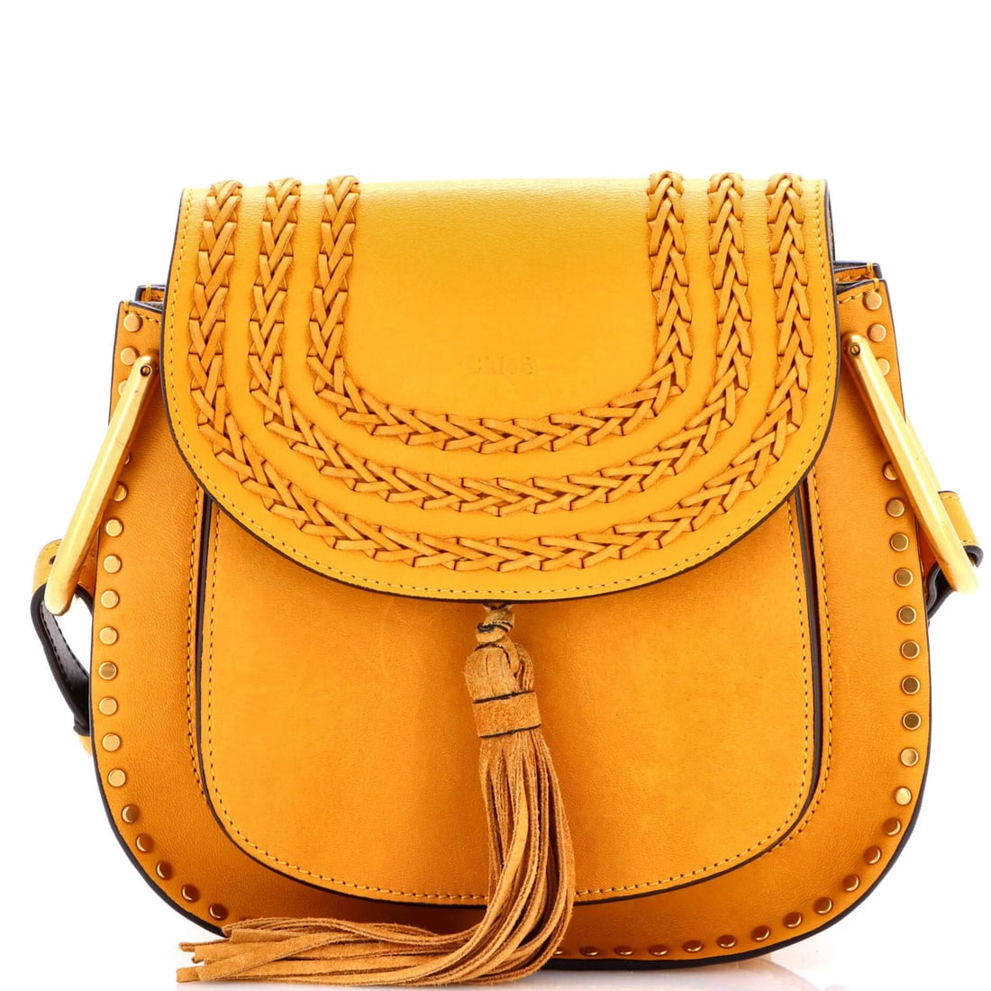 Chloe Hudson Handbag Whipstitch Leather Medium: Brand: Chloe Exterior Material: Leather Style: Cross Body Bags Exterior Color: Yellow Size: Medium Measurements: Handle Drop None", Height 9", Width 9", Depth 3", Strap Drop 11-21" Model: Hudson Handb