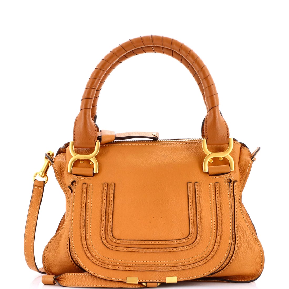 Chloe Marcie Satchel Leather Small: Brand: Chloe Exterior Material: Leather Style: Satchels Exterior Color: Brown Size: Small Accessories: With Strap Measurements: Handle Drop 5.5", Height 9.5", Width 12", Depth 4", Strap Drop 19" Model
