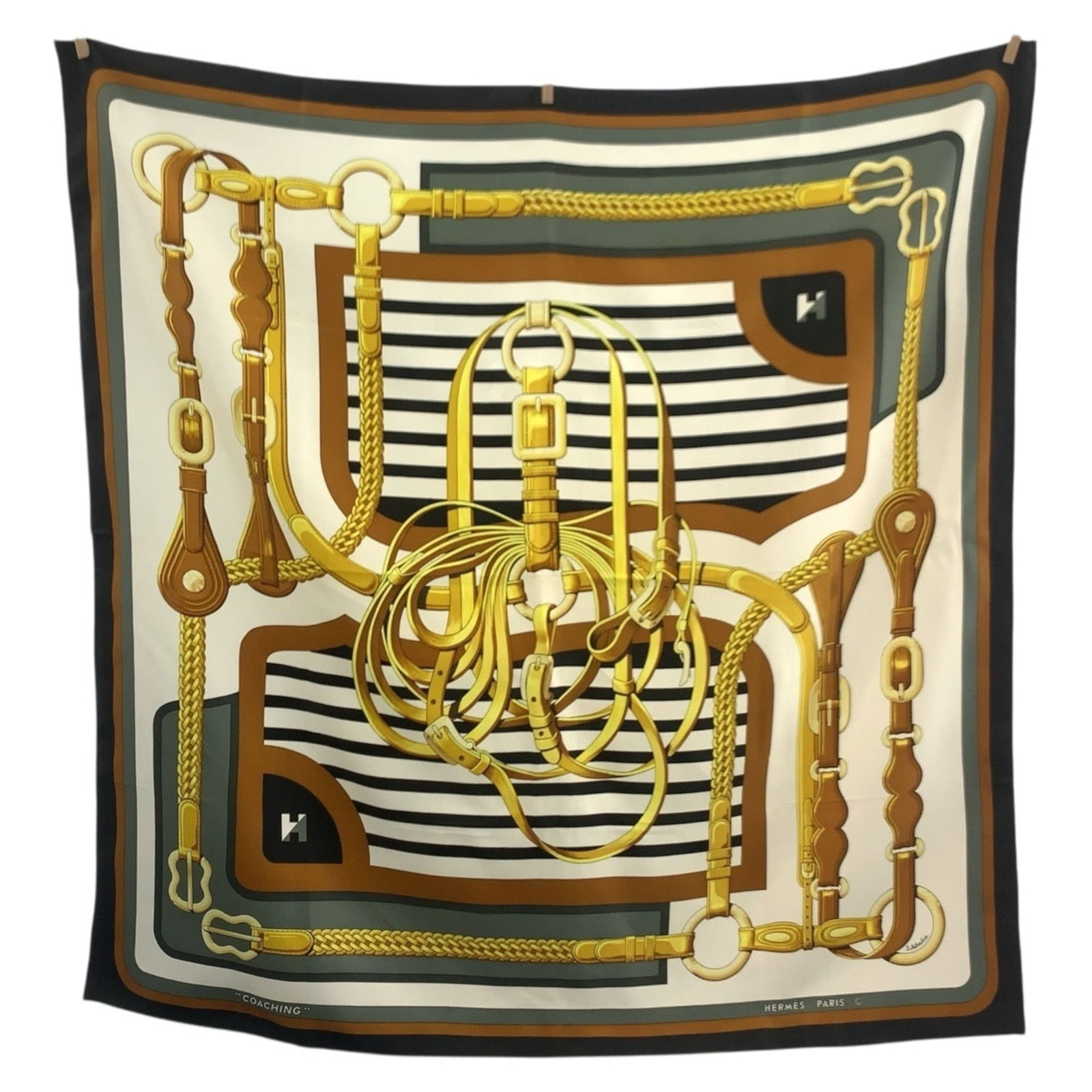 Hermes Carr 90 Coaching Silk Scarf For Women In Brown: Brand: Hermes Type: Scarf Gender: Women Color: Black, Brown, Yellow Material: Silk Size (Lxw): 88cm x 88cm / 34.64'' x 34.64'' Condition: Used (very good), A few traces of usage, some scratches / dirt