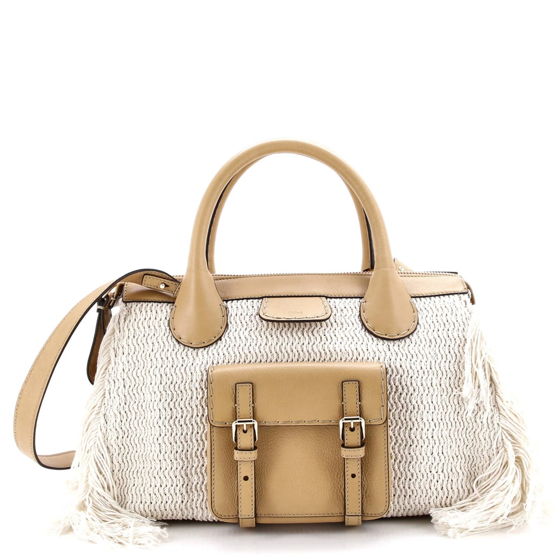 Chloe Edith Nm Satchel Knit Cotton With Leather Medium: Brand: Chloe Exterior Material: Leather Cotton Style: Satchels Exterior Color: Neutral Size: Medium Accessories: With Strap Measurements: Handle Drop 5.5", Height 9.5", Width 16.5", Depth 5.5", Strap