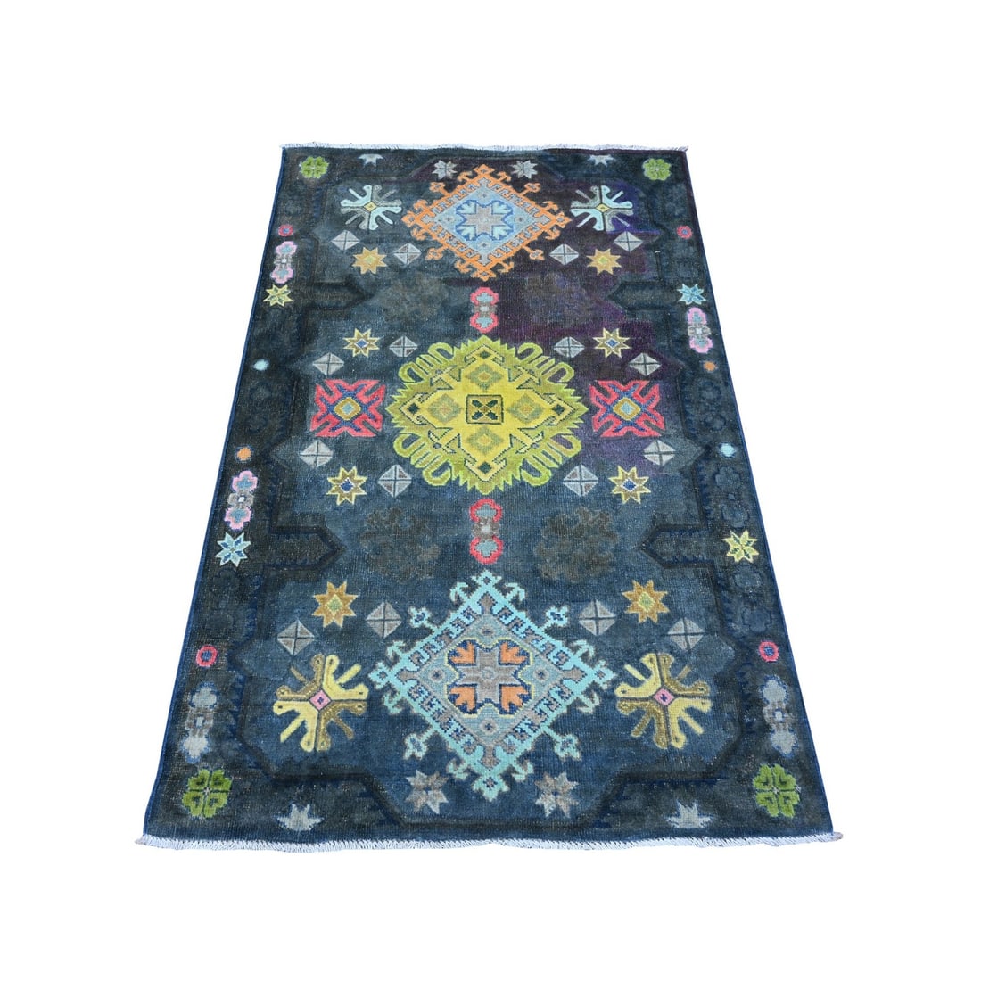 3'2"X5' Space Black Fusion Kazak Caucasian Elements Design Oriental Rug: Style: Oriental Type: Indoor Material: Wool Color: Black Item Length: 59 Item Width: 38 Rug Type: Hand Knotted Pile: Wool Shape: Rectangular Field Color: Black Size: 3"2" x 4"11" / 97 CM X 150 CM Age: