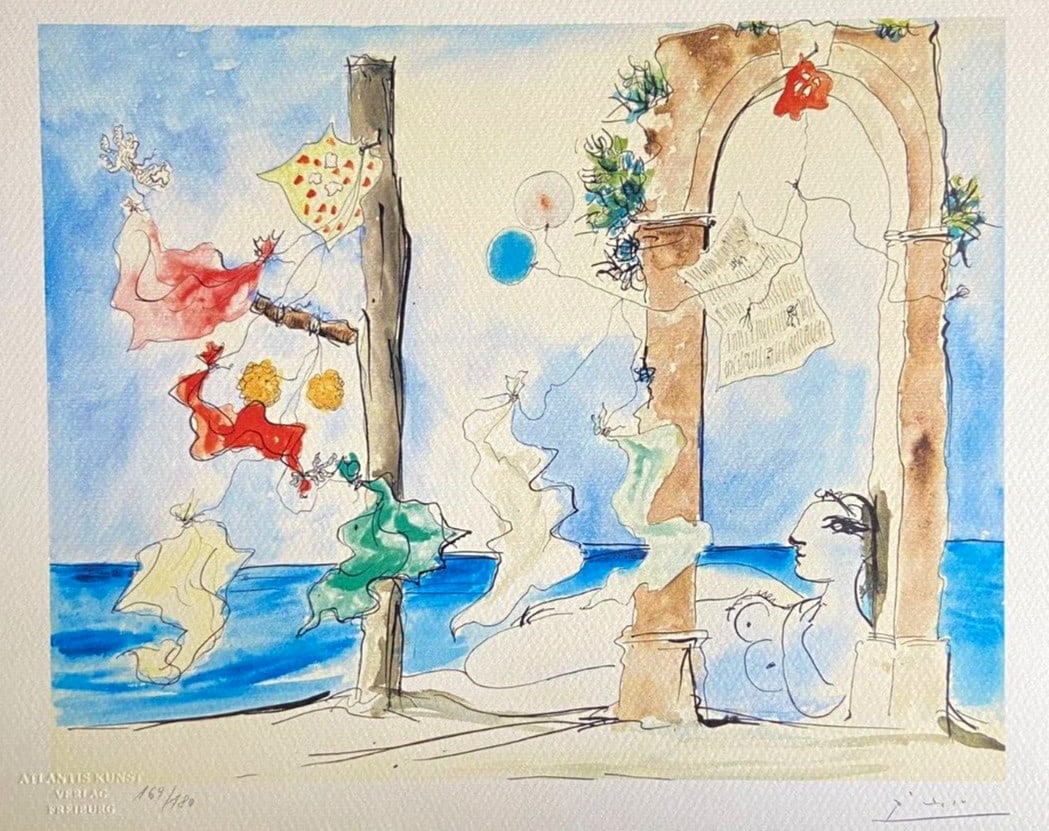 Pablo Picasso Lithograph Coa Signed Numbered By Hand In Pencil: Pablo Picasso " Naked on the Cannes beach " Full sheet printed chromolitography in 1978 In 180 specimens from Atlantis Verlag, Freiburg 32 x 40 cm Signature Pablo Picasso on the slab - COA Original si
