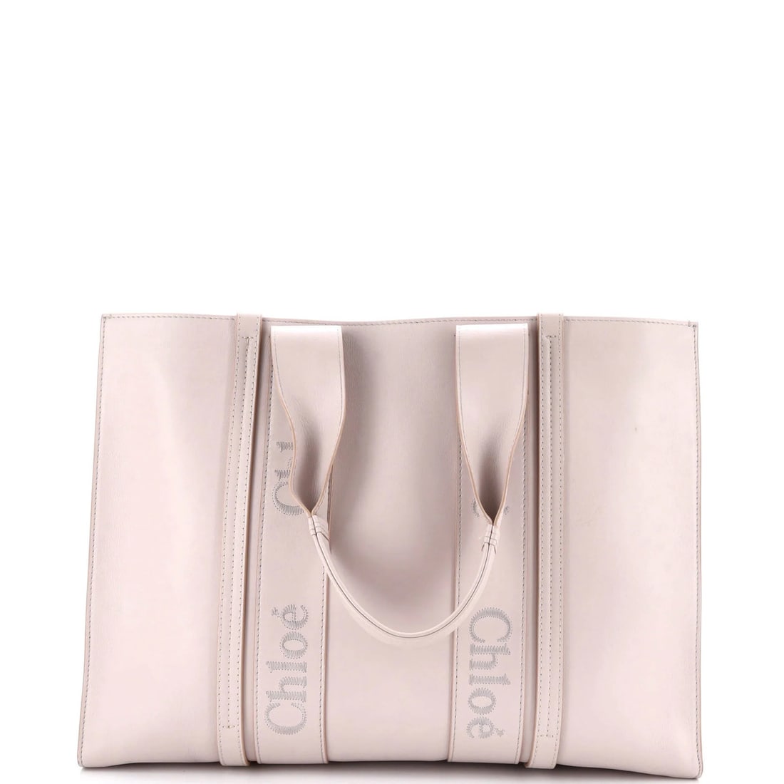 Chloe Woody Tote Leather Large: Brand: Chloe Exterior Material: Leather Style: Totes Exterior Color: Neutral Size: Large Measurements: Height 12.5", Width 17", Depth 5" Model: Woody Tote Leather Large Exterior Material: Leather Exte