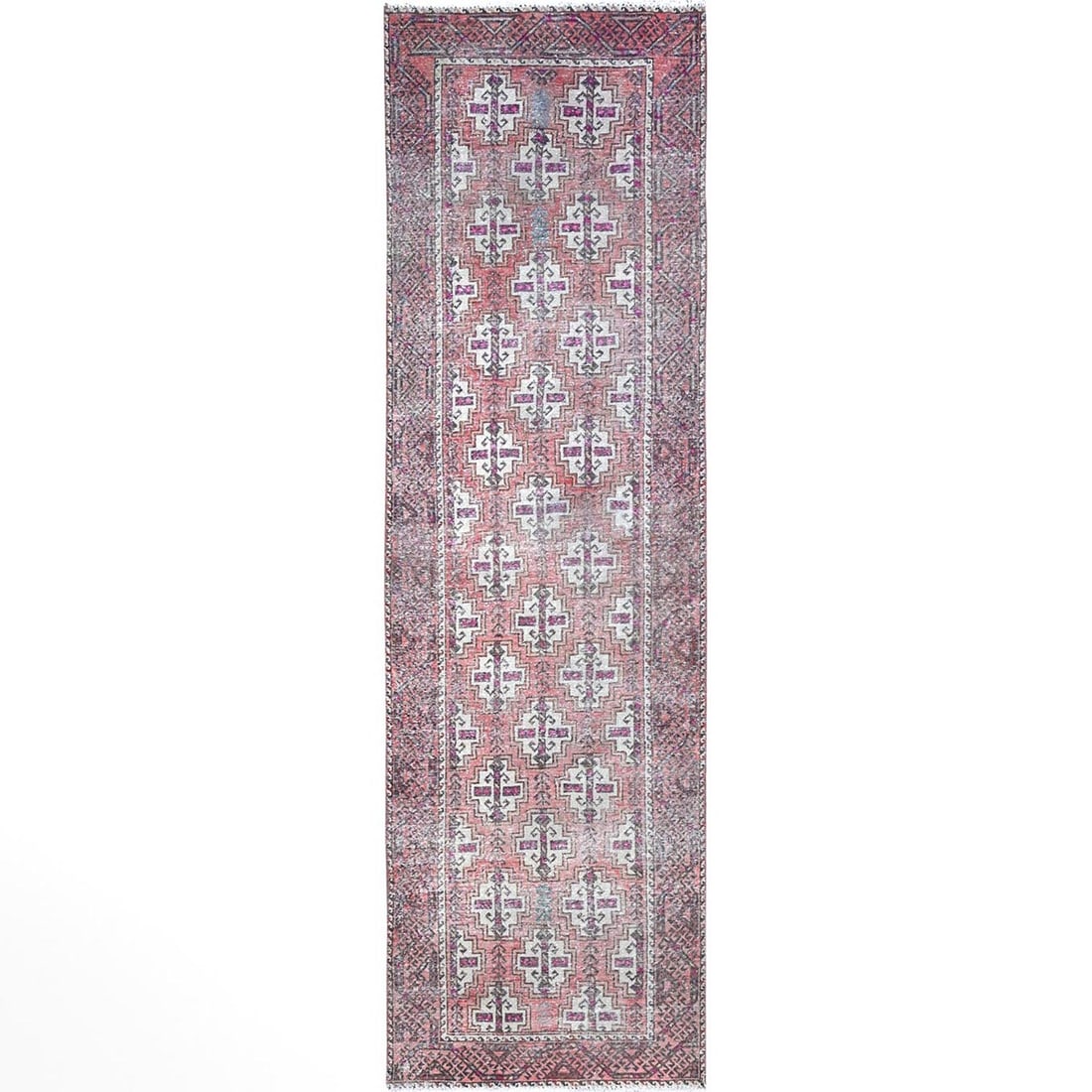3'2"X10'9" Pink Hand Knotted Sides And Ends Secured Long Runner Rug: Style: Zoroastrian Type: Indoor Material: Wool Color: Pink Item Length: 129 Item Width: 38 Rug Type: Hand Knotted Pile: Wool Shape: Runner Field Color: Pink Size: 3"2" x 10"9" / 97 CM X 328 CM Age: 19
