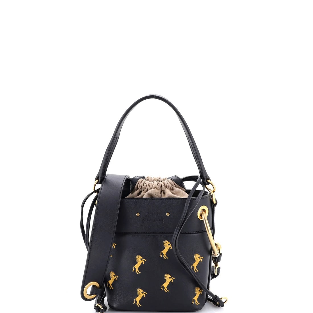 Chloe Roy Bucket Bag Embroidered Leather Mini: Brand: Chloe Exterior Material: Leather Style: Bucket Exterior Color: Black Size: Mini Accessories: With Strap Measurements: Handle Drop 4.5", Height 7", Width 5.5", Depth 4", Strap Drop 21.5-22" Mode