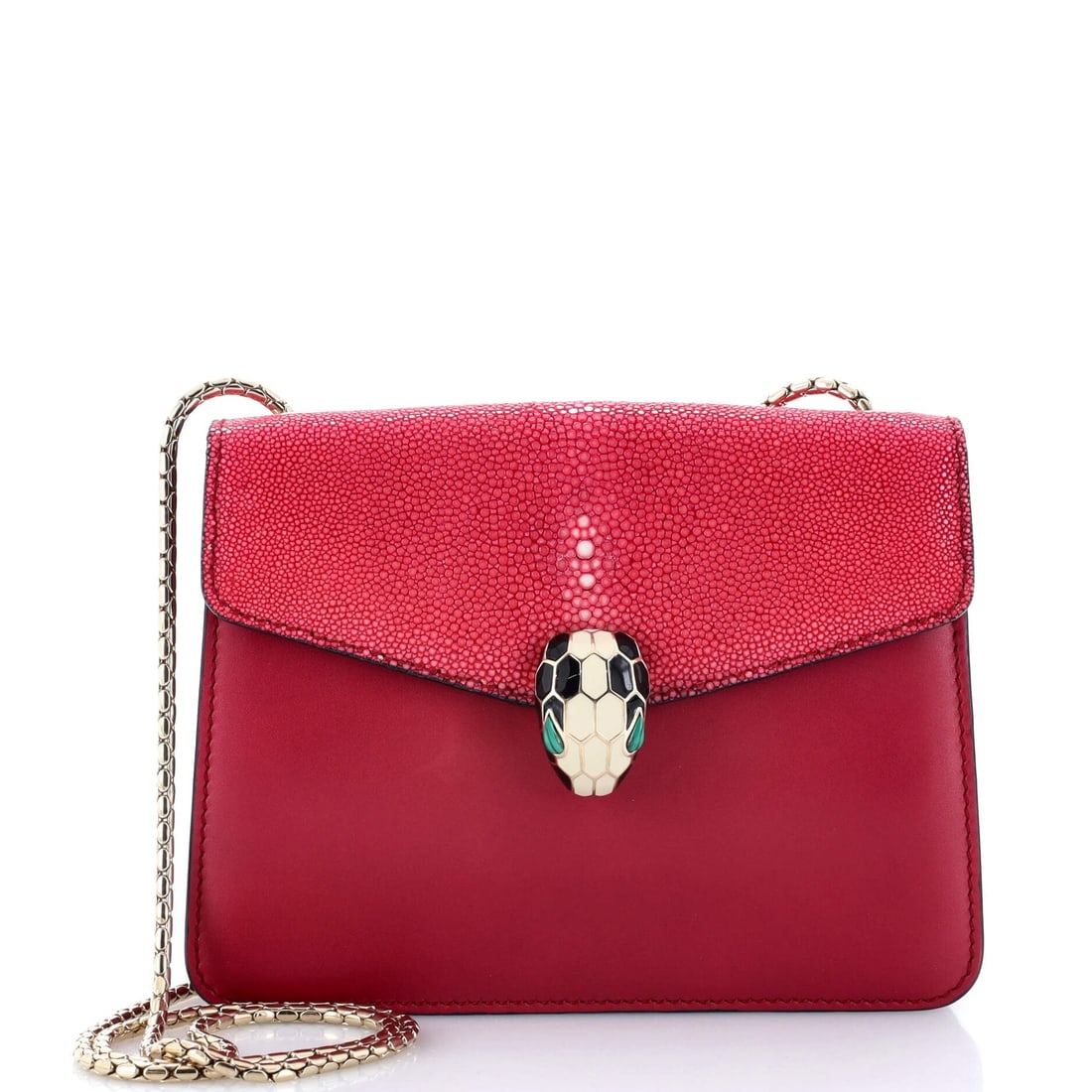 Bvlgari Serpenti Forever Square Shoulder Bag Leather And Stingray Small: Brand: Bvlgari Exterior Material: Leather Stingray Exotic Style: Shoulder Bags Exterior Color: Pink Size: Small Accessories: Mirror Measurements: Height 5", Width 8", Depth 2", Strap Drop 20" Model: S