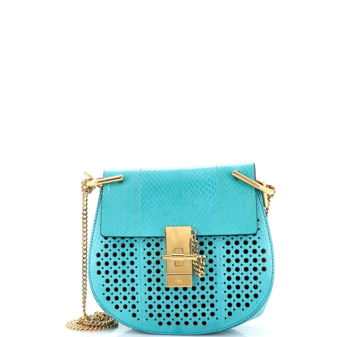 Chloe Drew Crossbody Bag Perforated Ayers Mini: Brand: Chloe Exterior Material: Snakeskin Style: Cross Body Bags Exterior Color: Blue Size: Mini Measurements: Height 6", Width 7.5", Depth 3" Model: Drew Crossbody Bag Perforated Ayers Mini Exterior