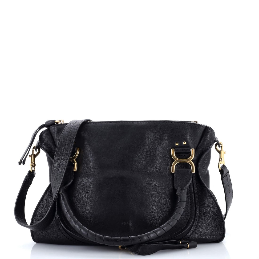 Chloe Marcie Satchel Leather Medium: Brand: Chloe Exterior Material: Leather Style: Satchels Exterior Color: Black Size: Medium Measurements: Handle Drop 6", Height 11", Width 14", Depth 5", Strap Drop 18.5" Model: Marcie Satchel Leather