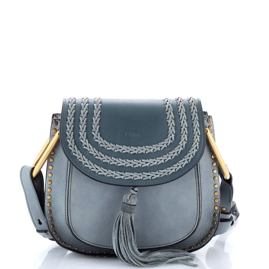 Chloe Hudson Handbag Whipstitch Leather Small: Brand: Chloe Exterior Material: Leather Style: Cross Body Bags Exterior Color: Blue Size: Small Measurements: Handle Drop None", Height 8", Width 9", Depth 3", Strap Drop 14.5-22" Model: Hudson Handba