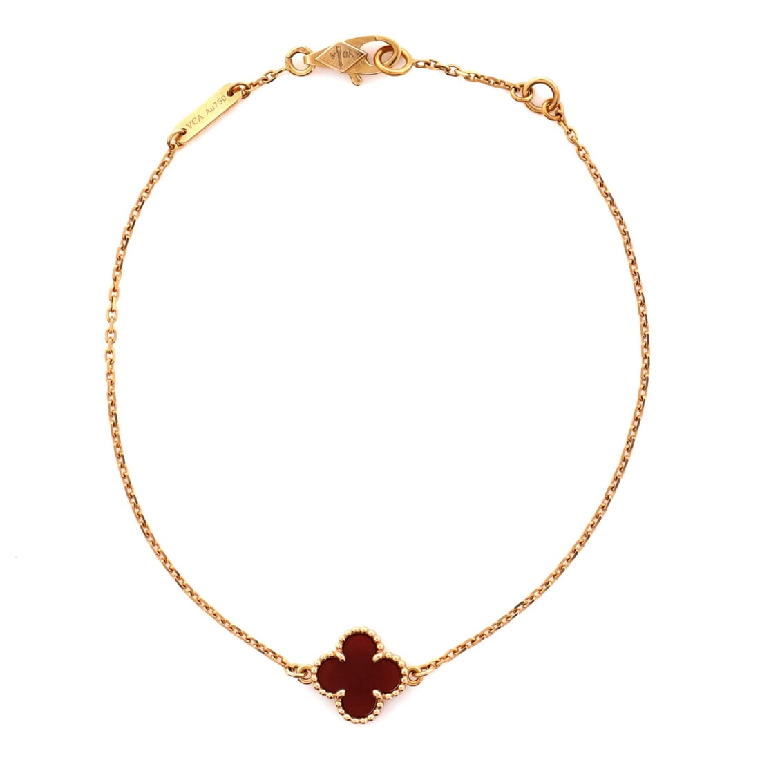 Van Cleef & Arpels Sweet Alhambra Bracelet 18K Rose Gold And Carnelian: Brand: Van Cleef & Arpels Main Stone: Carnelian Metal: 18K Rose Gold Metal Purity: 18K Style: Bracelet Type: Bracelet Color: Rose Gold Material: 18K Rose Gold Carnelian Model: Sweet Alhambra Bracelet