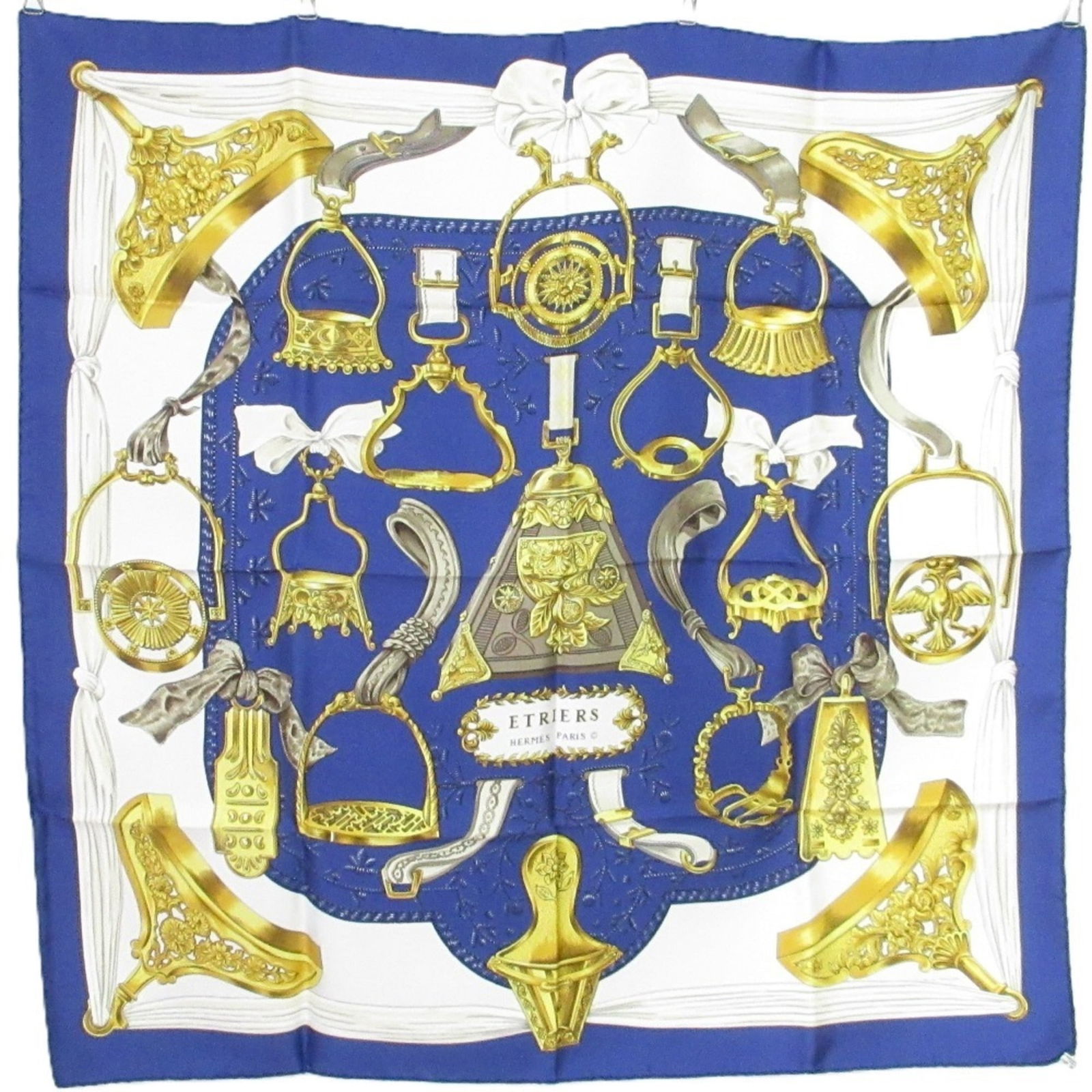 Hermes Carr 90 Etriers Stirrup Silk Scarf/Muffler Blue (1 of 18)