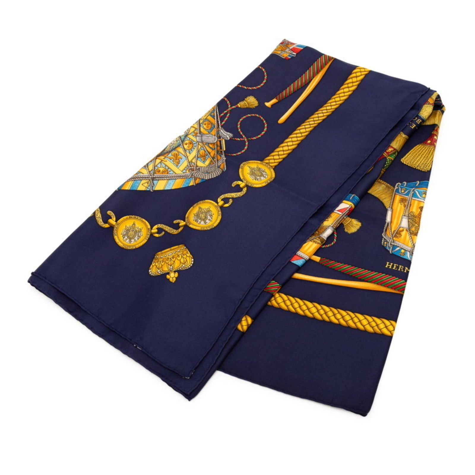 Herms Carr 90 "Les Tambours" Tambour Drums Scarf: Brand: Hermes Type: Scarf Gender: Women Color: Gold, Multi-Color, Navy Material: Silk Size (Lxw): 88cm x 87cm / 34.64'' x 34.25'' Condition: Used (good), Traces of usage, scratches / dirt can be seen
