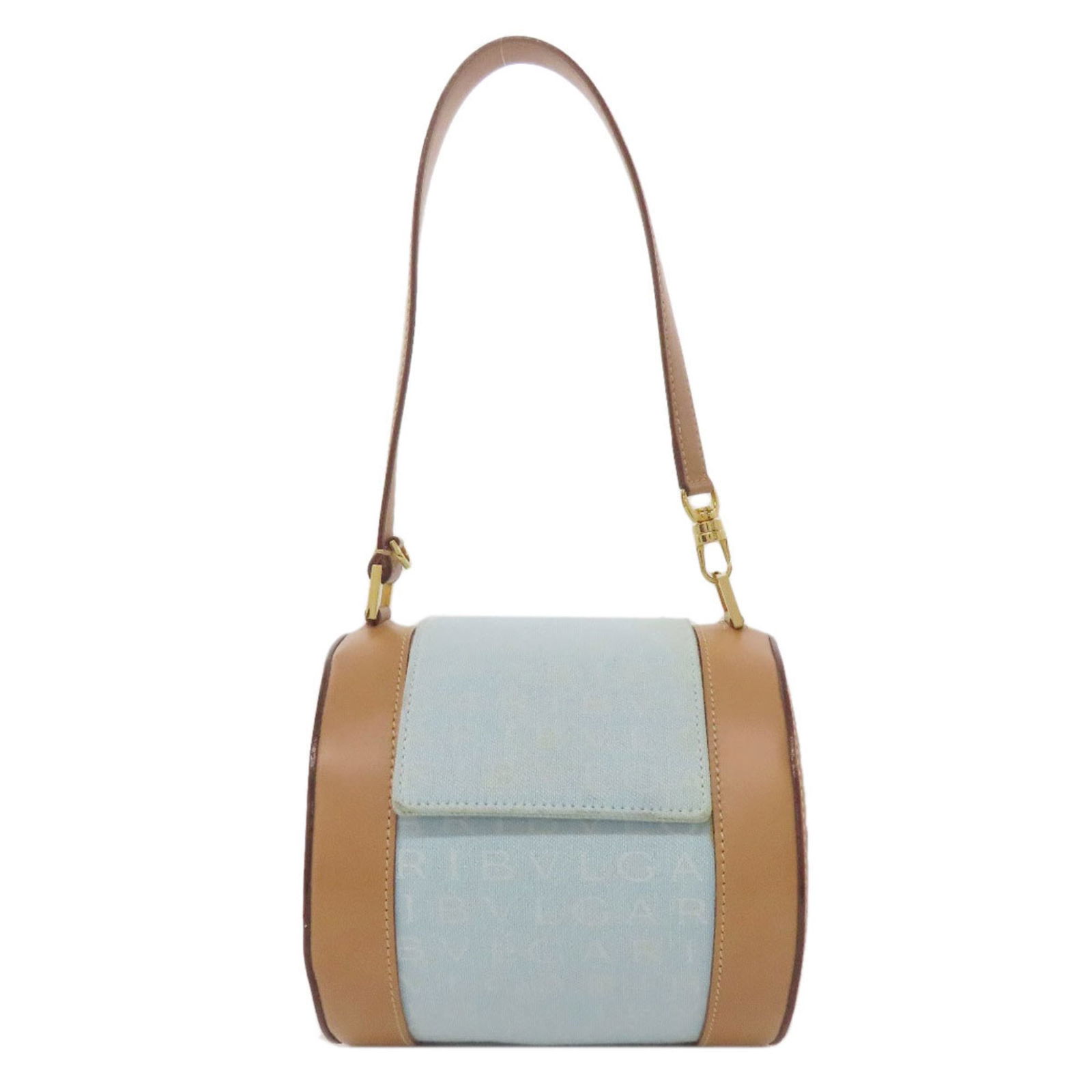 Bvlgari Drum Bag Logomania Handbag Canvas Leather: Brand: Bvlgari Type: Handbag Material: Canvas , Leather Color: Brown, Light Blue Gender: Women Size (Hxwxd): 15cm x 15.5cm x 15cm / 5.9'' x 6.1'' x 5.9'' Condition: Used (good), Traces of usage, scrat