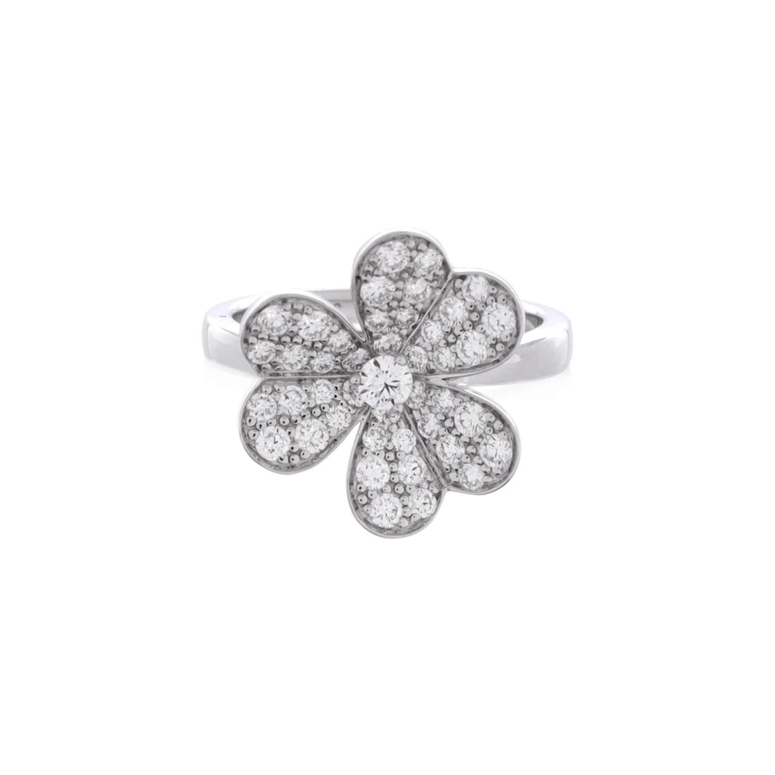 Van Cleef & Arpels Frivole 1 Flower Ring 18K White Gold With Pave Diamonds: Brand: Van Cleef & Arpels Main Stone: Diamond Metal: 18K White Gold Metal Purity: 18K Ring Size: 5.75 - 51 Type: Ring Color: White Gold Style: 18K White Gold With Pave Diamonds Material: 18K White Gol