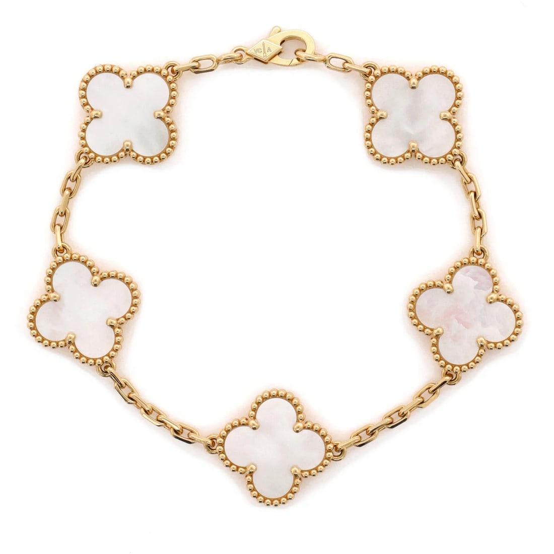 Van Cleef & Arpels Vintage Alhambra 5 Motifs Bracelet 18K Yellow Gold And Mother: Brand: Van Cleef & Arpels Main Stone: Unknown Metal: 18K Yellow Gold Metal Purity: 18K Style: Bracelet Type: Bracelet Color: Yellow Gold Material: 18K Yellow Gold Mother Of Pearl Measurements: Circumf