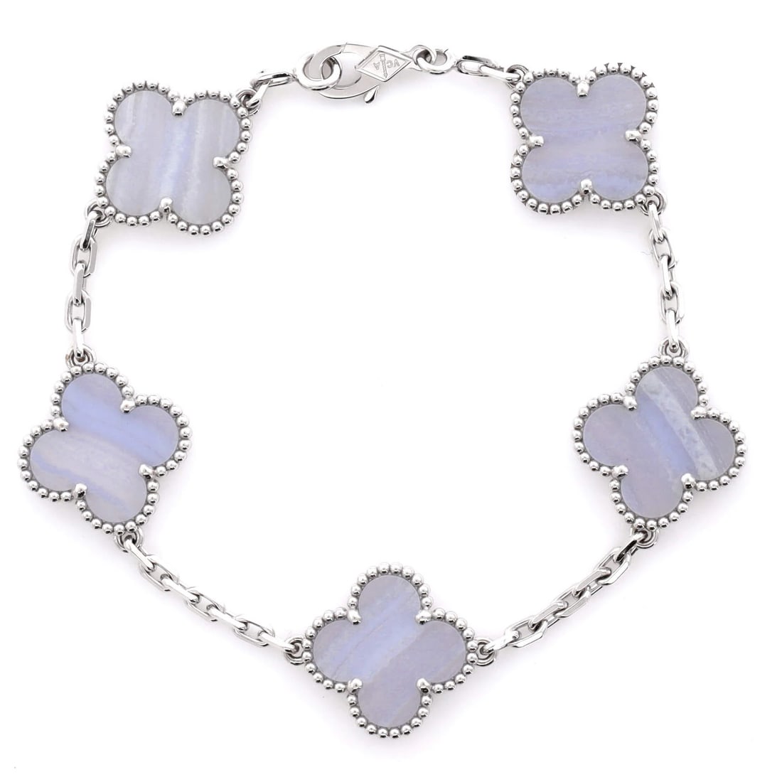 Van Cleef & Arpels Vintage Alhambra 5 Motifs Bracelet 18K White Gold: Brand: Van Cleef & Arpels Main Stone: Chalcedony Metal: 18K White Gold Metal Purity: 18K Style: Bracelet Type: Bracelet Color: White Gold Material: 18K White Gold Measurements: Circumference: 6.75 ",