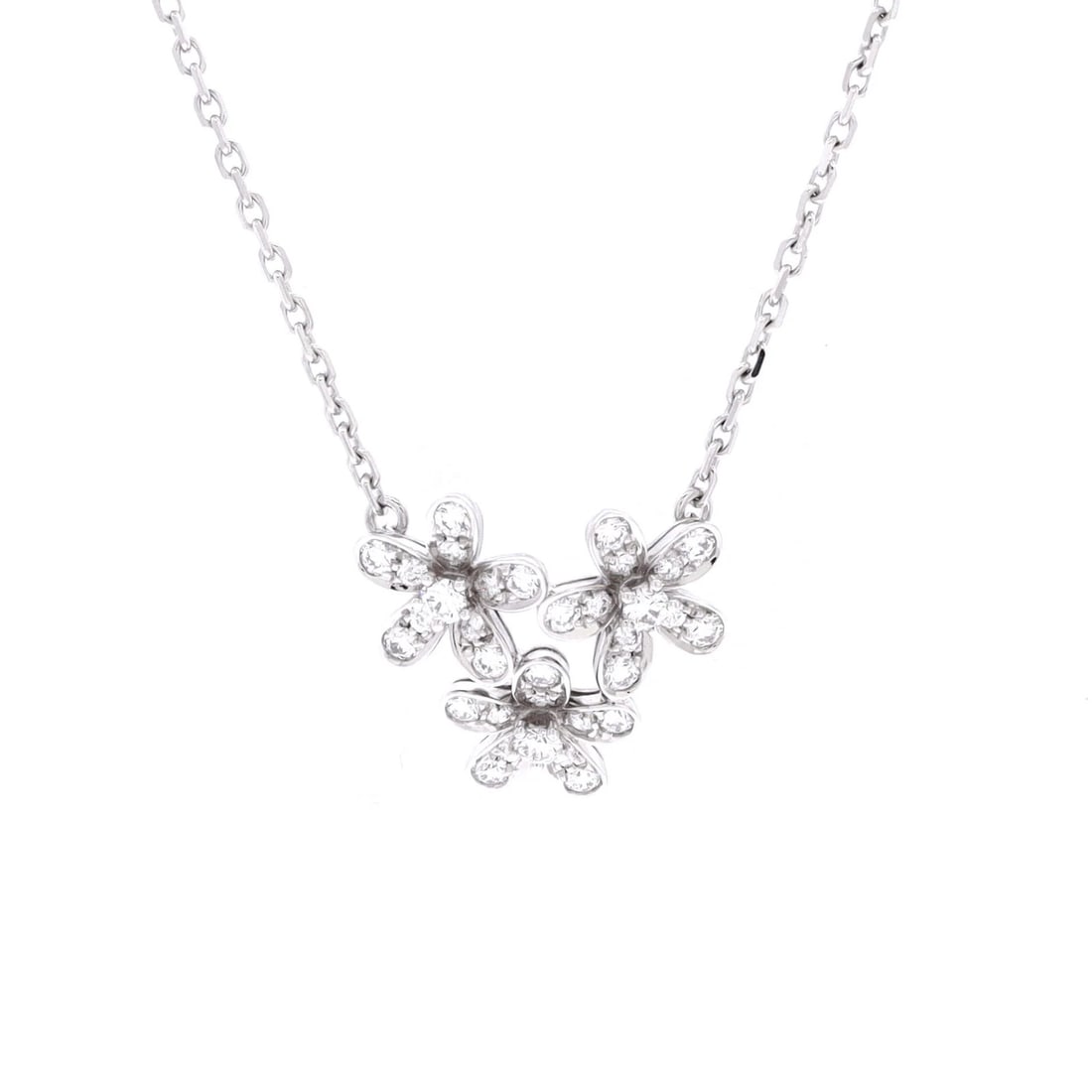 Van Cleef & Arpels Socrate 3 Flower Pendant Necklace 18K White Gold And Diamonds: Brand: Van Cleef & Arpels Main Stone: Diamond Metal: 18K White Gold Metal Purity: 18K Style: Pendant Type: Necklace Color: White Gold Material: 18K White Gold Diamond Measurements: Length: 16.50 ", Pe