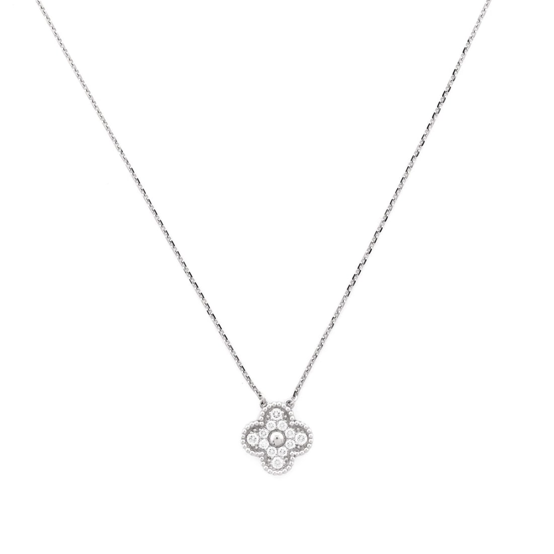 Van Cleef & Arpels Vintage Alhambra Pendant Necklace 18K White Gold And Diamonds: Brand: Van Cleef & Arpels Main Stone: Diamond Metal: 18K White Gold Metal Purity: 18K Style: Pendant Type: Necklace Color: White Gold Material: 18K White Gold Diamond Measurements: Length: 15.0 - 16.7