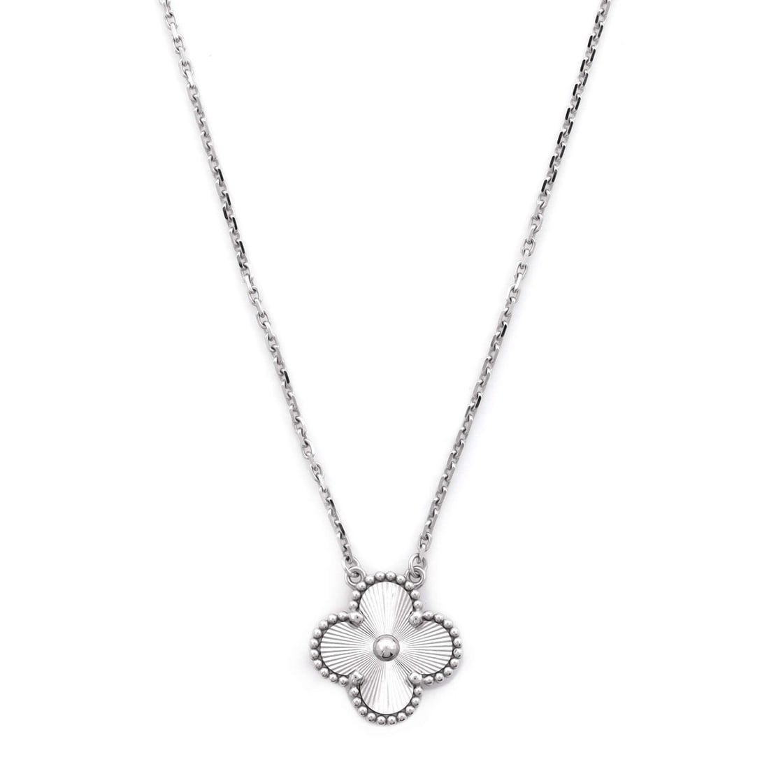 Van Cleef & Arpels Vintage Alhambra Pendant Necklace Guilloche 18K White Gold: Brand: Van Cleef & Arpels Color: White Gold Type: Necklace Material: 18K White Gold Diamond Measurements: Length: 16.50 - 14.75 ", Pendant Length: 15.30 mm, Pendant Width: 14.95 mm Model: Vintage Alha