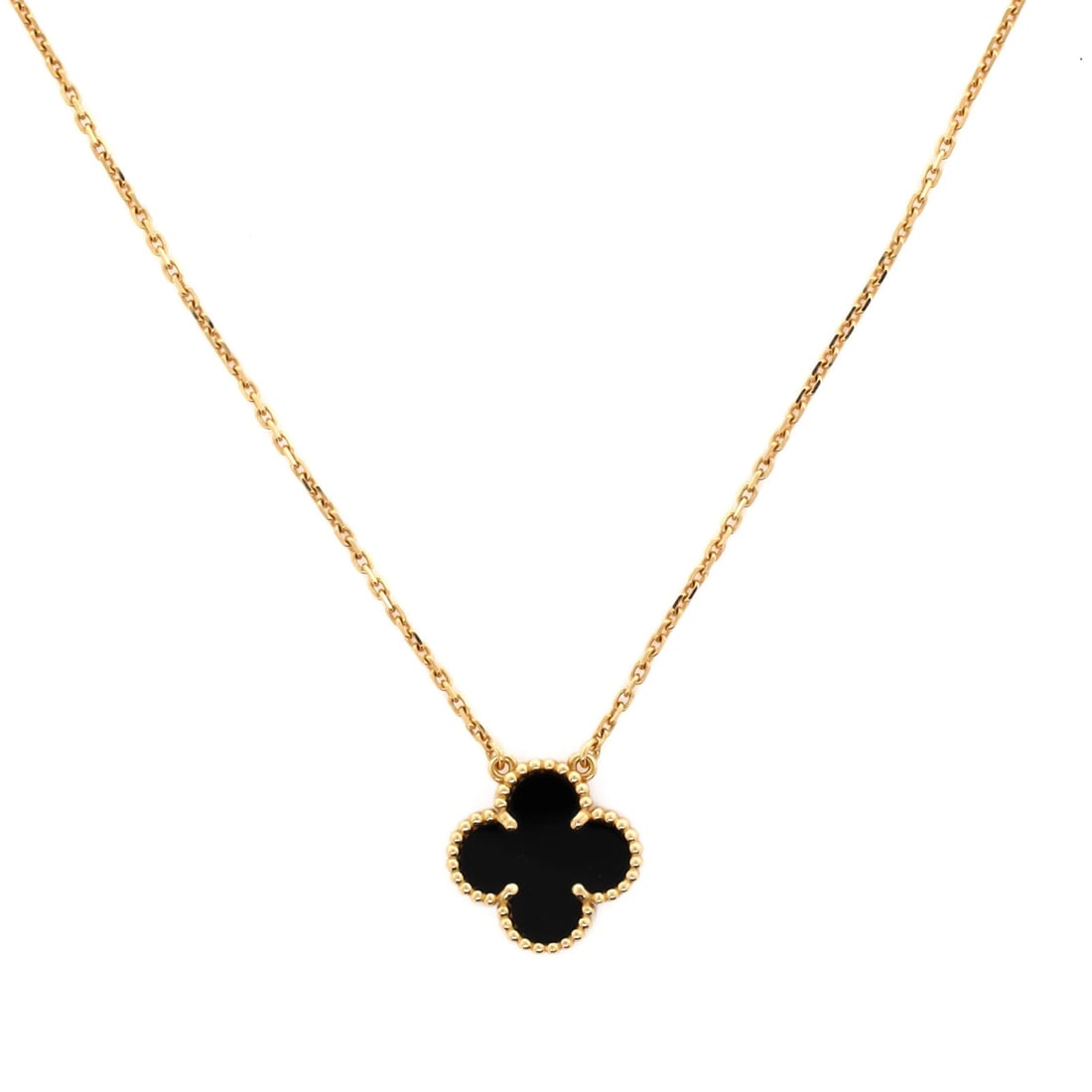 Van Cleef & Arpels Vintage Alhambra Pendant Necklace 18K Yellow Gold And Onyx: Brand: Van Cleef & Arpels Main Stone: Onyx Metal: 18K Yellow Gold Metal Purity: 18K Style: Pendant Type: Necklace Color: Yellow Gold Material: 18K Yellow Gold Onyx Measurements: Length: 16.25 - 14.50