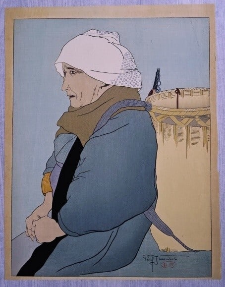 Paul Jacoulet "Old Woman Selling Carp" Woodblock print, autographed, 1934: Paul Jacoulet "Old Woman Selling Carp" Woodblock print, autographed, 1934 Paul Jacoulet's antique woodblock print 'Old Woman Selling Carp,' produced in 1934, is a multi-color artwork from Japan. Item