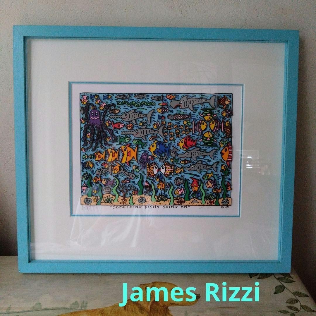 James Rizzi "Something Fishy Going.." 3D Silkscreen Edition Autographed 203/350: James Rizzi "Something Fishy Going.." 3D Silkscreen Edition Autographed 203/350 James Rizzi's 'Something Fishy Going..' is a 3D silkscreen print, signed and limited to an edition of 350, framed and pr