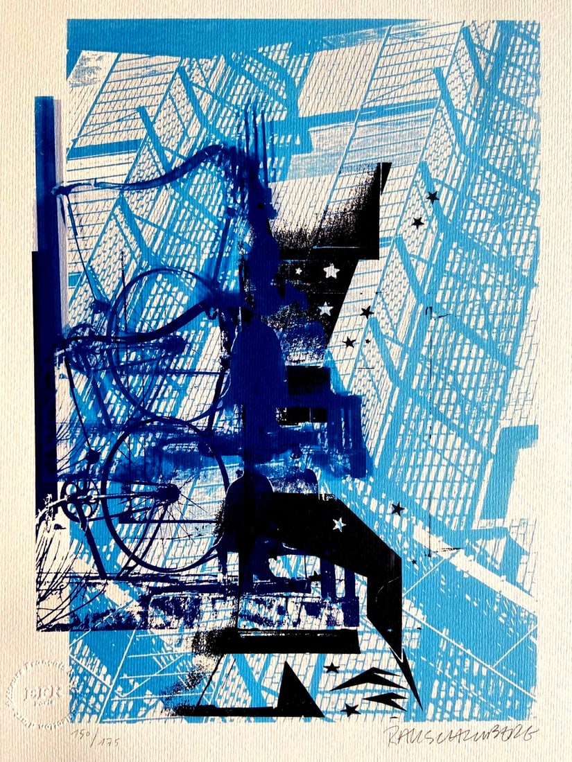 Robert Rauschenberg Lithograph Certified Stamp Numbered 175 Ex: Robert Rauschenberg Lithograph Certified Stamp Numbered 175 Ex Robert Rauschenberg lithograph titled 'Primary pump of Roci USA', printed in 1991 in the USA, measures 30 x 40 cm, and features a hand-nu