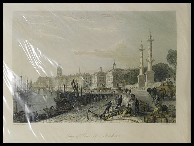 Thomas Allom "Quay of Louis XVIII, Bordeaux" Hand-Colored Copper Plate Engraving: Thomas Allom "Quay of Louis XVIII, Bordeaux" Hand-Colored Copper Plate Engraving Original hand-colored copper plate engraving by Thomas Allom titled 'Quay of Louis XVIII, Bordeaux,' framed and signed