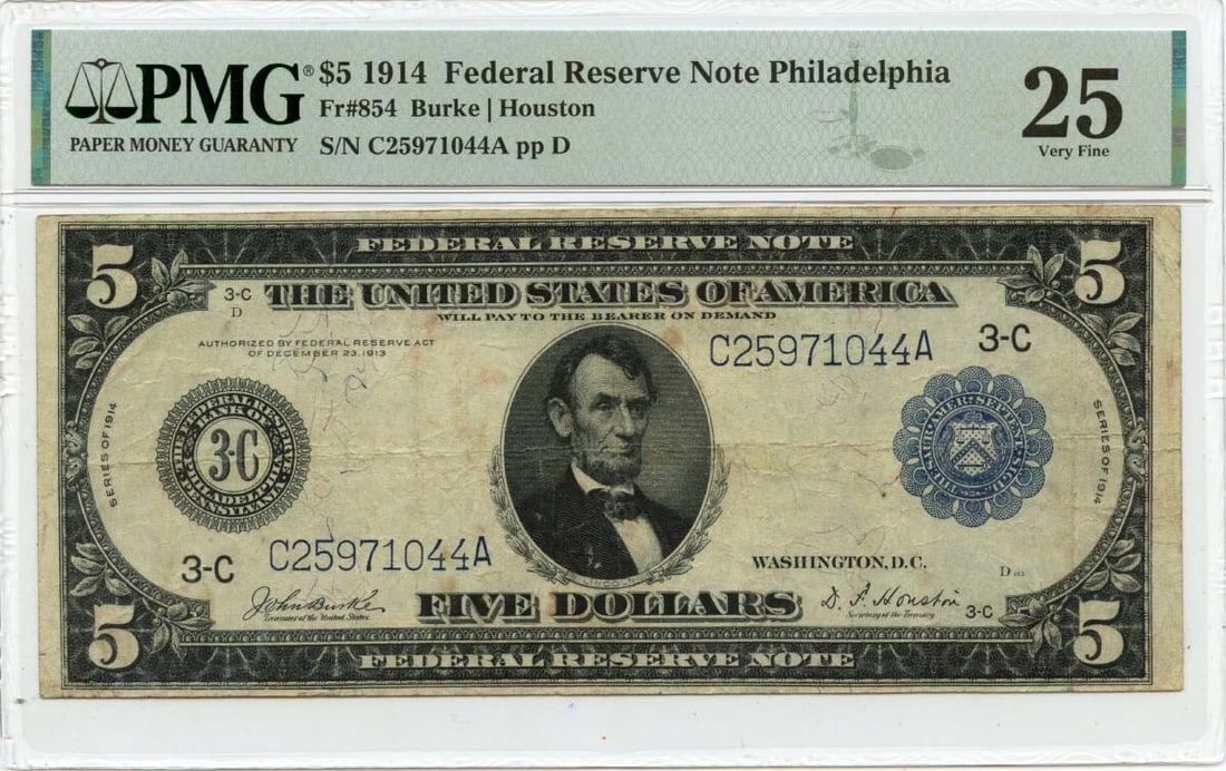 1914 $5 Federal Reserve Note Philadelphia Fr# 854 PMG VF25 (1 of 1)