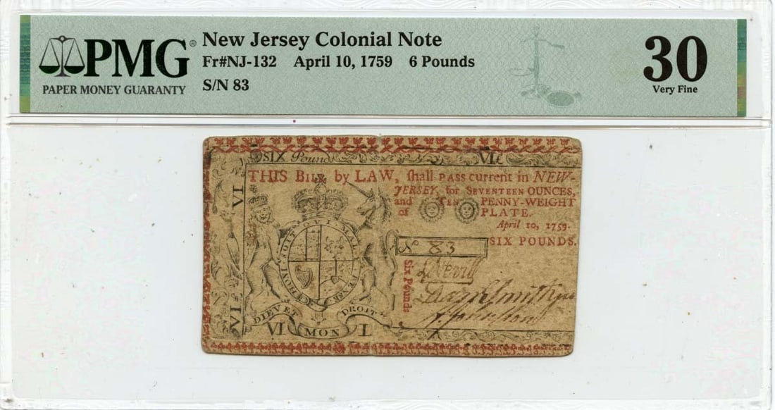 1759 April 10, 6 Pounds New Jersey Colonial Note FR#NJ-132 PMG VF30 Choice (1 of 1)