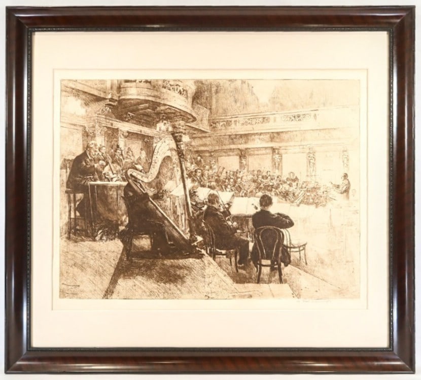 Ferdinand Schmutzer Wiener Philharmoniker 1926 Etching Signed Vienna: Ferdinand Schmutzer Wiener Philharmoniker 1926 Etching Signed Vienna Signed etching by Ferdinand Schmutzer, titled 'Wiener Philharmoniker,' produced in 1926, large size, framed, and of Austrian origin